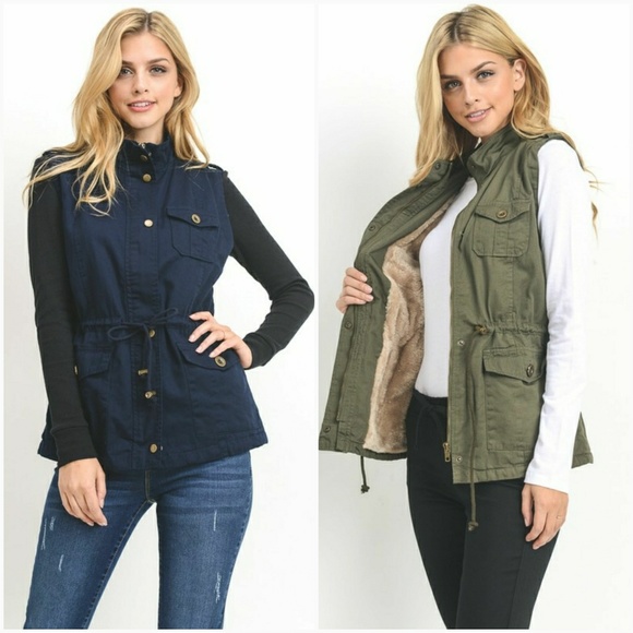 Navy Utility Vest W/ Faux Fur Liner - Picture 2 of 4